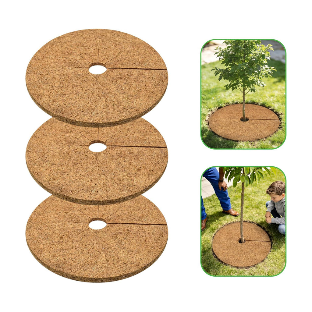 24 Inch Coconut Fiber Tree Ring Mulch Mat, 3 Pack Tree Mulch Ring | 100% Natural Coco Coir Tree Plant Protectors Mat