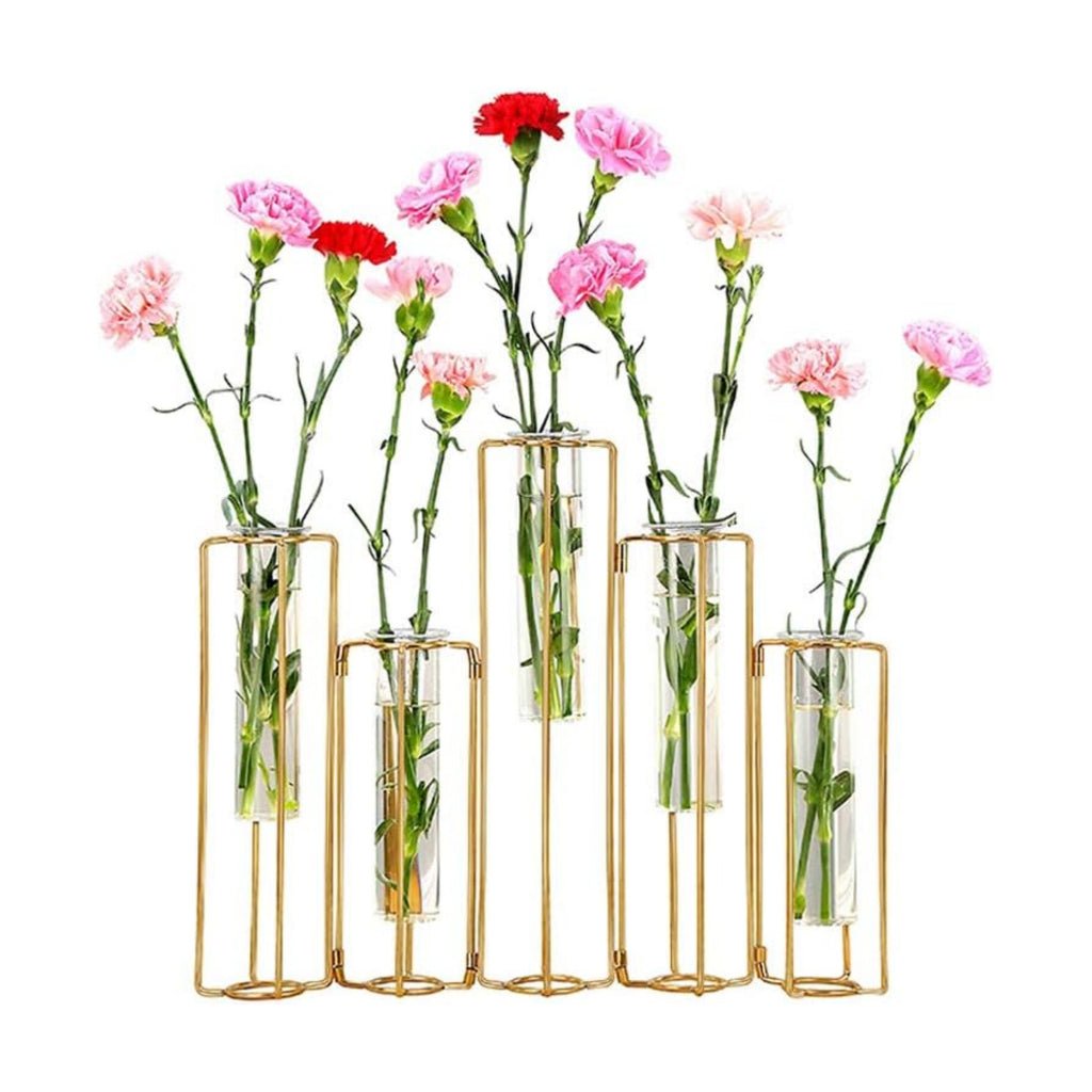 Hinged Flower Vases Test Tube Flower Vase with 5 Test Tubes Gold Metal Frame can be Bent and Contorted, Propagation