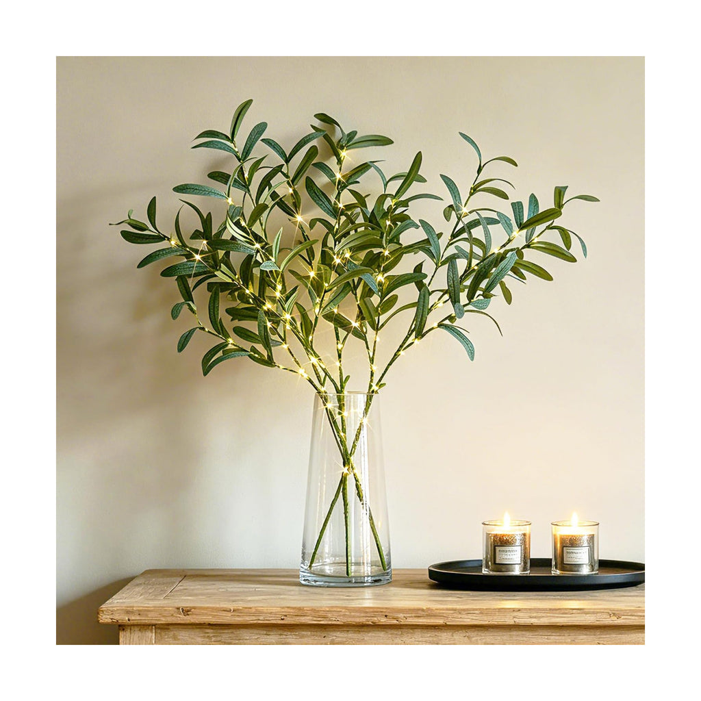 Hairui Lighted Olive Branches with Timer 24IN 72LED Battery Operated, Artificial Greenery Olive Tree Branch with Fairy Lights for Wedding Christmas Home Indoor Outdoor Decoration