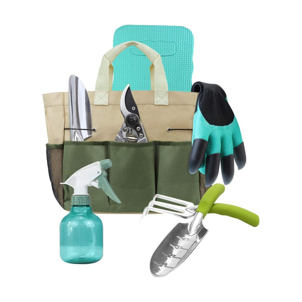 Garden Tools Set with 3 Aluminum Gardening Tools, 1 Pruning Shear, 1 Mister Spray Bottle, 1 Foam Kneeler，1 Garden