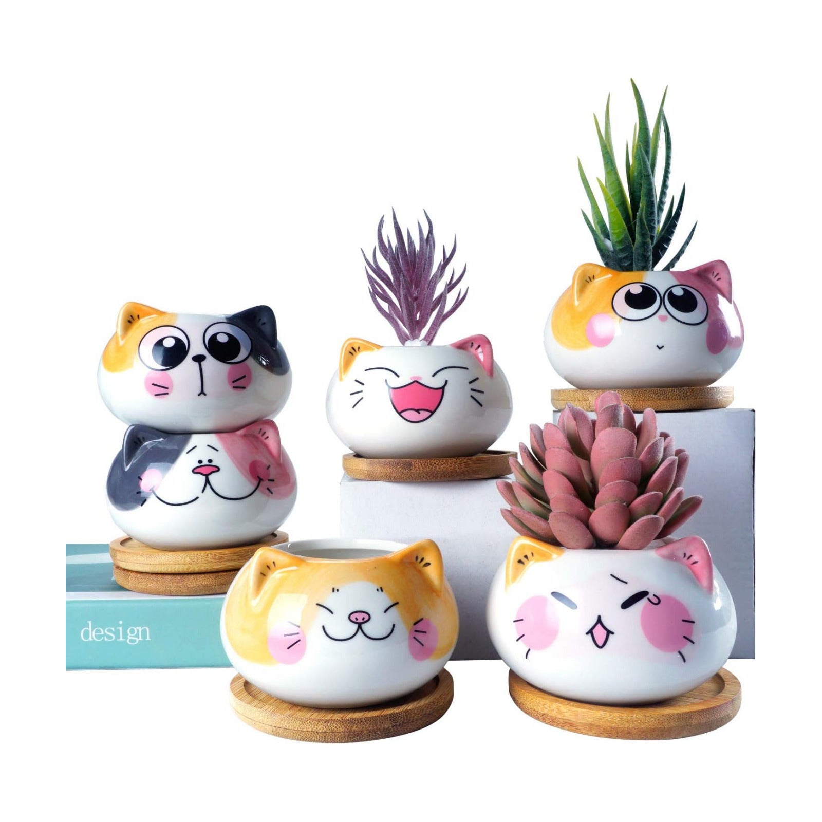 3.6Inch Cat Pot for Plant, Cat Planter Succulent Pot with Drainage Set of 6 | Tiny Animal Planter, Small Ceramic Air