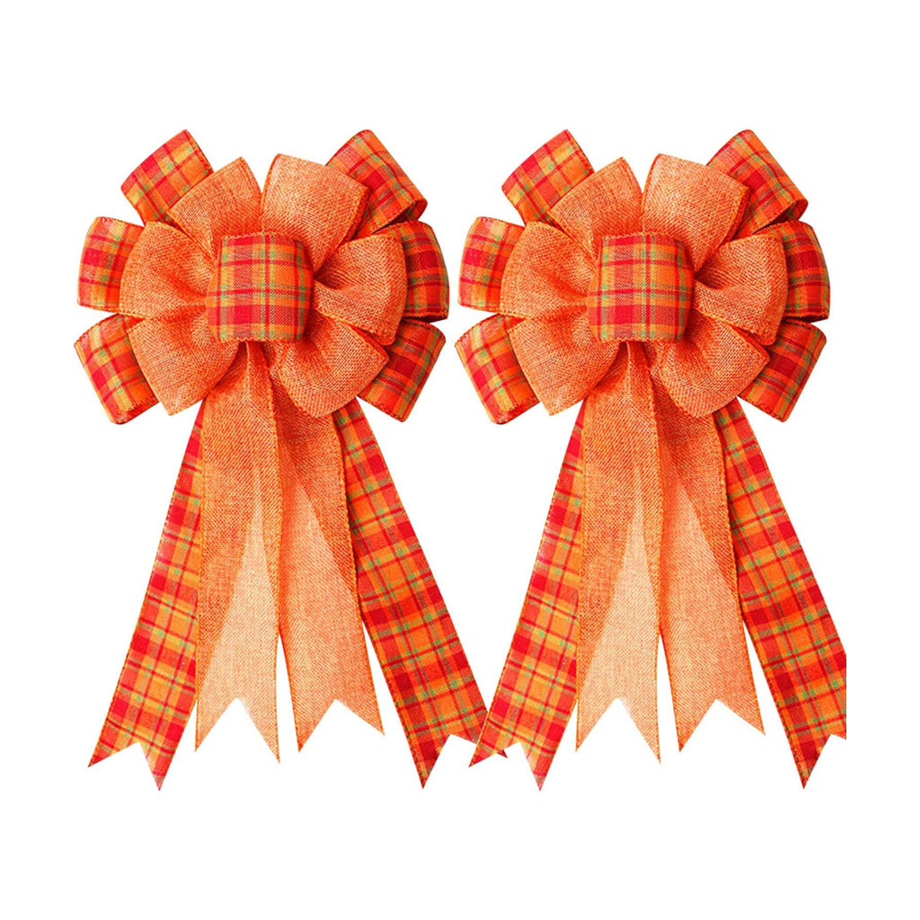 2 Pcs Large Thanksgiving Buffalo Plaid Wreath Bows, Orange Fall Bows