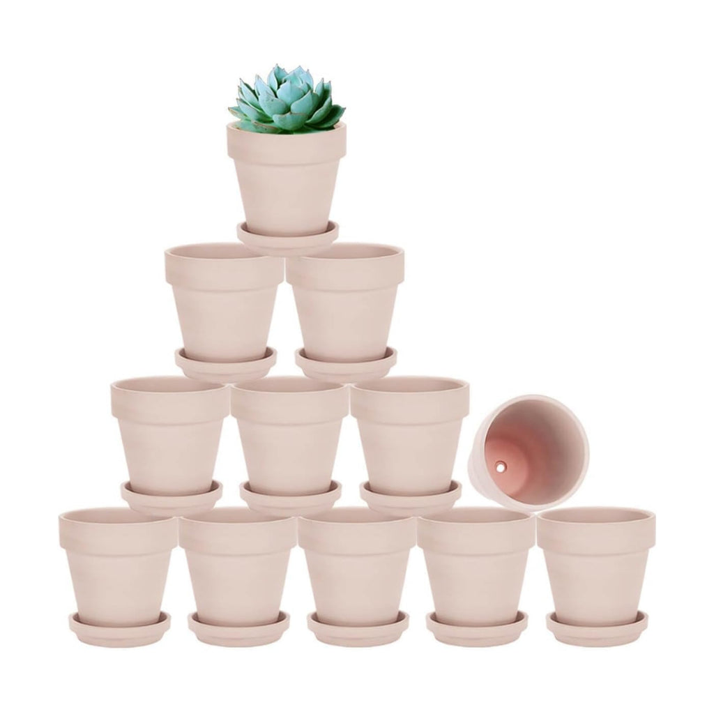 3 Inch Pink Terracotta & Clay Pots with Saucer, 12 Pack | Clay Flowerpot with Drainage, Nursery pot for succulents