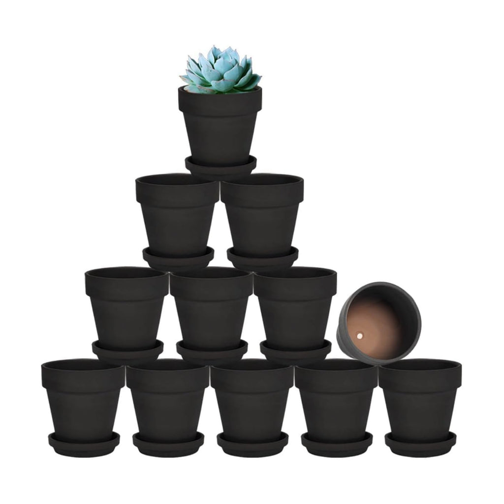 3 Inch Black Terracotta & Clay Pots with Saucer, 12 Pack | Clay Flowerpot with Drainage, Nursery pot for succulents