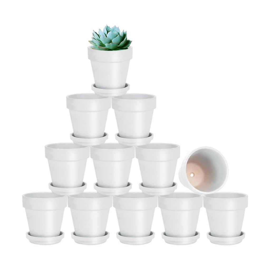 3 Inch White Terracotta & Clay Pots with Saucer, 12 Pack | Clay Flowerpot with Drainage, Nursery pot for succulents