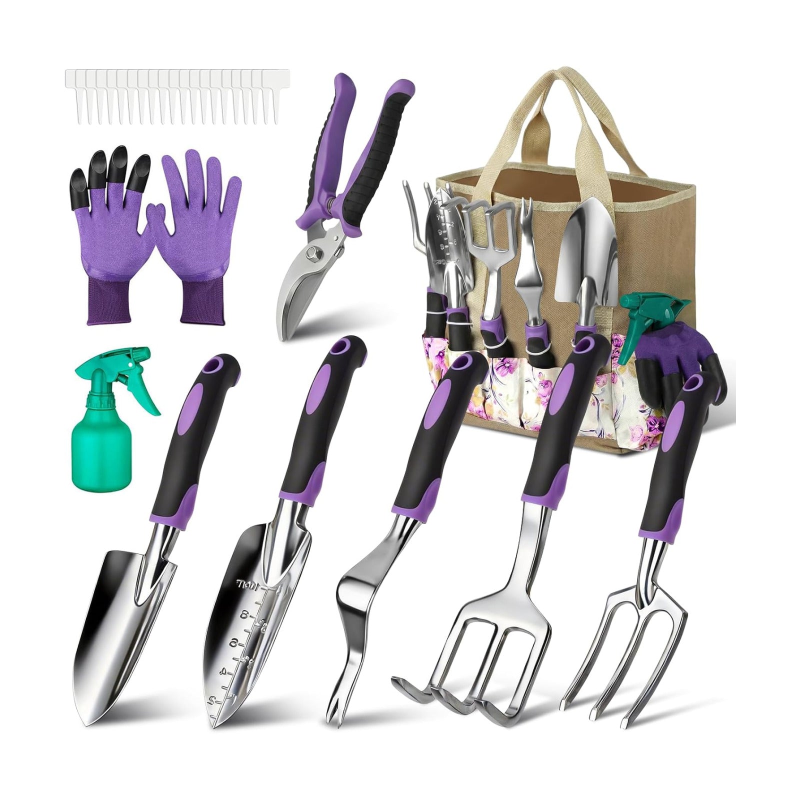 Garden Tools Set, 30 Piece Stainless Steel Gardening Kit with Vintage Floral Tote Bag, Non-Slip Ergonomic Rubber