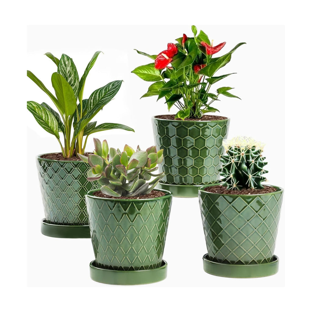 EFISPSS Flower Planter –5 inch Ceramic Plant Pots with Drainage Hole and Ceramic Tray - Gardening Home Desktop Office