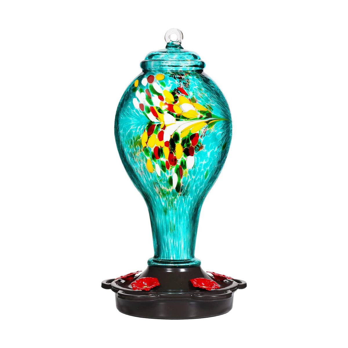 LUJII Hummingbird Feeder for Outdoors, Hand Blown Glass Humming Bird Feeder, Anti Fade Leakproof with 25 Ounces Nectar Capacity, Easy to Install Clean Refill, Include Hook & Ant Moat (Teal)