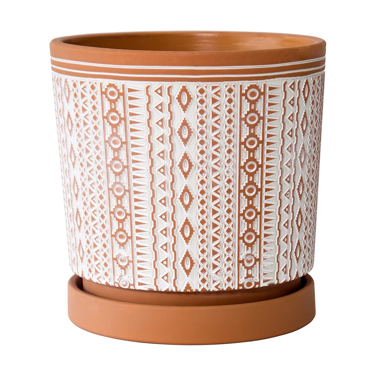 D'vine Dev Geometric Terracotta Planter, 8.2 in, Red/White, 33-958-A-1 | Hand-Painted Pattern, Natural Clay Texture