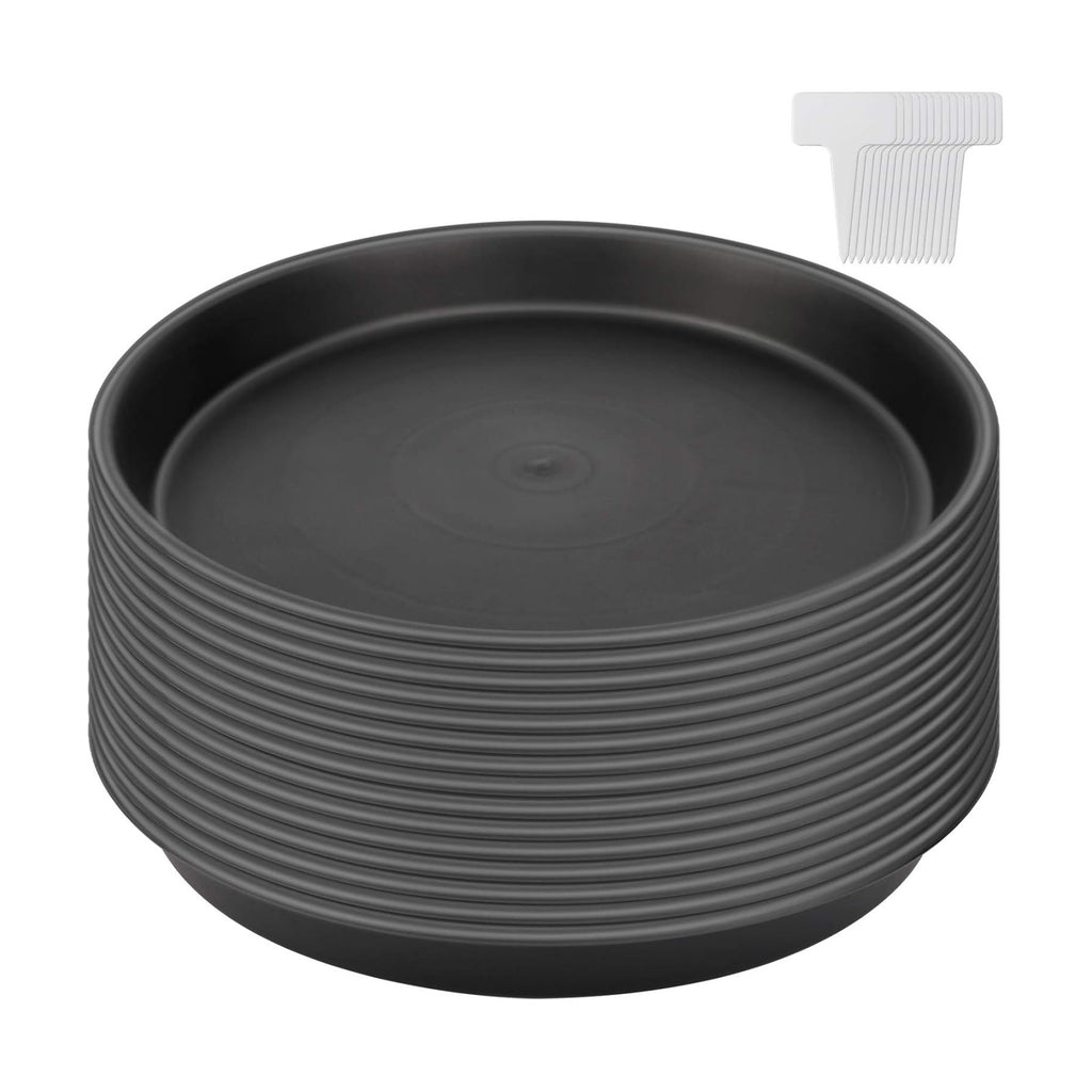 KEILEOHO 15 Pack 12 Inch Plant Saucer, Heavy Duty Round Plastic Plant Saucer with Plant Labels, Flower Plant Pot Tray