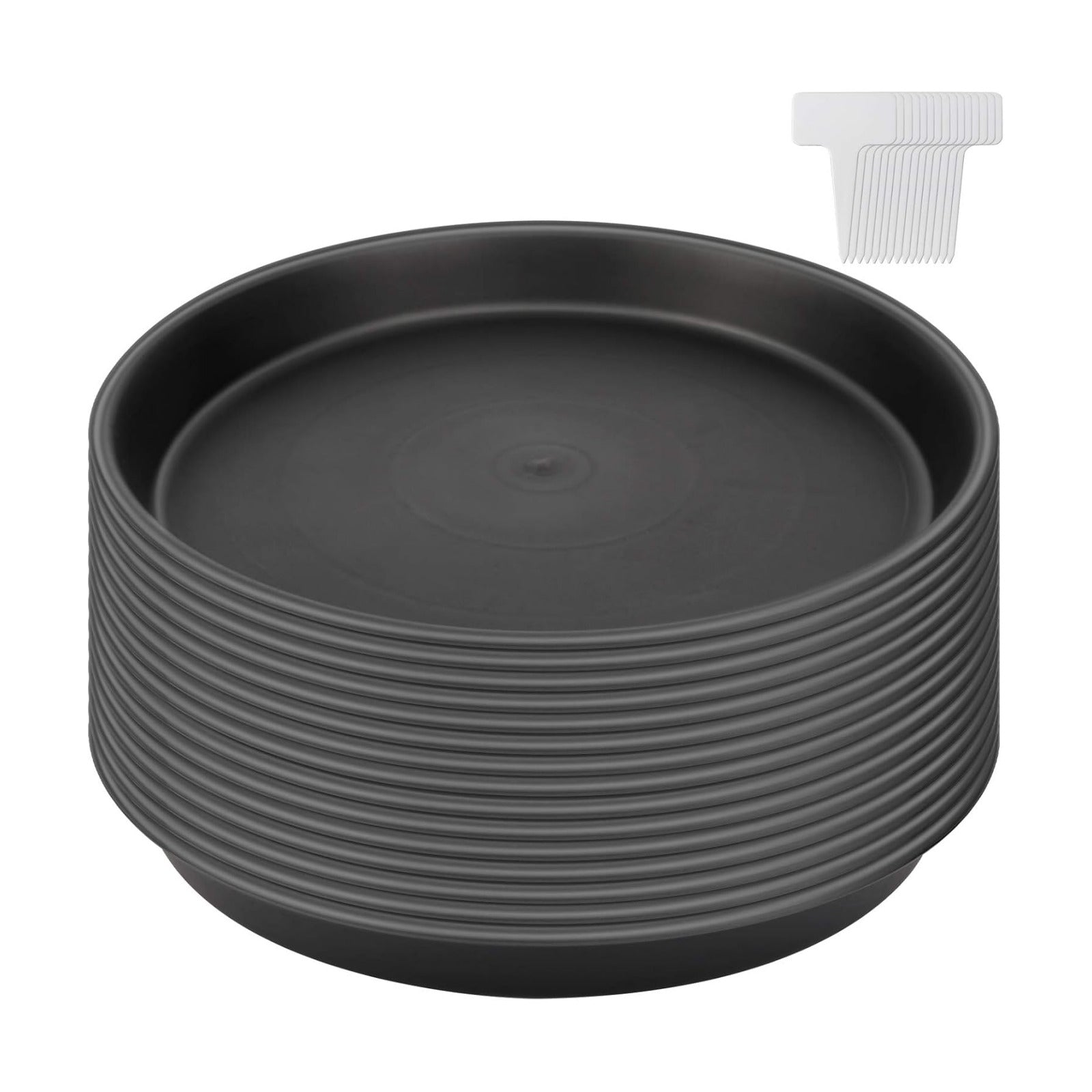 KEILEOHO 15 Pack 12 Inch Plant Saucer, Heavy Duty Round Plastic Plant Saucer with Plant Labels, Flower Plant Pot Tray