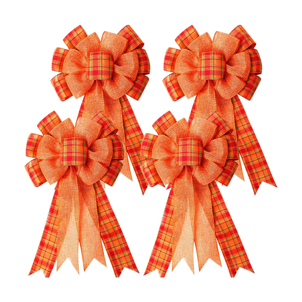4 Pcs Large Thanksgiving Buffalo Plaid Wreath Bows, Orange Fall Bows