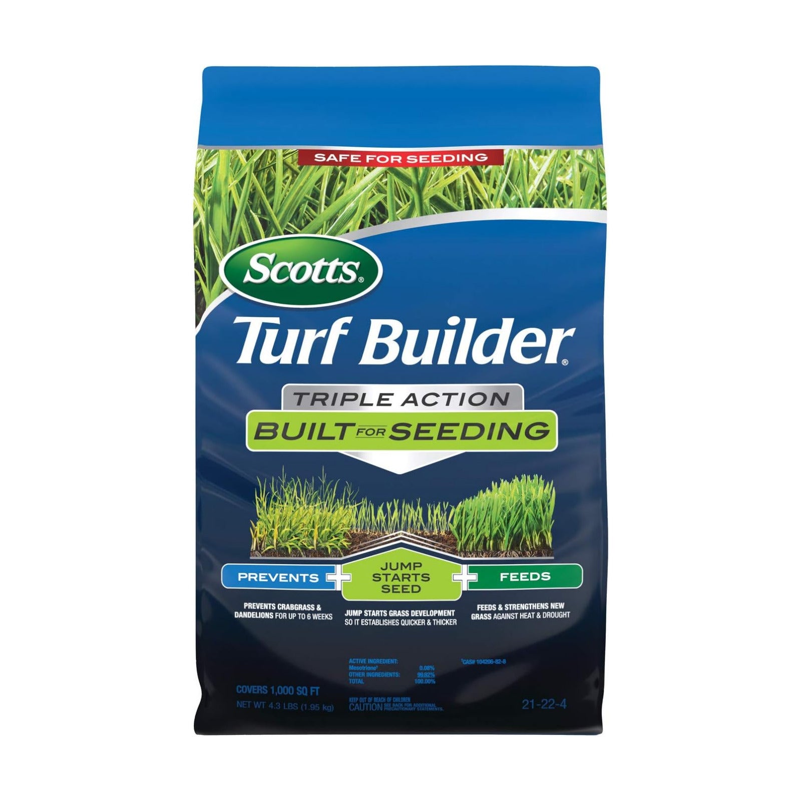 Scotts Turf Builder Triple Action Built for Seeding, 4.3 lbs. | Weed Preventer and Fertilizer for New Lawns, Covers