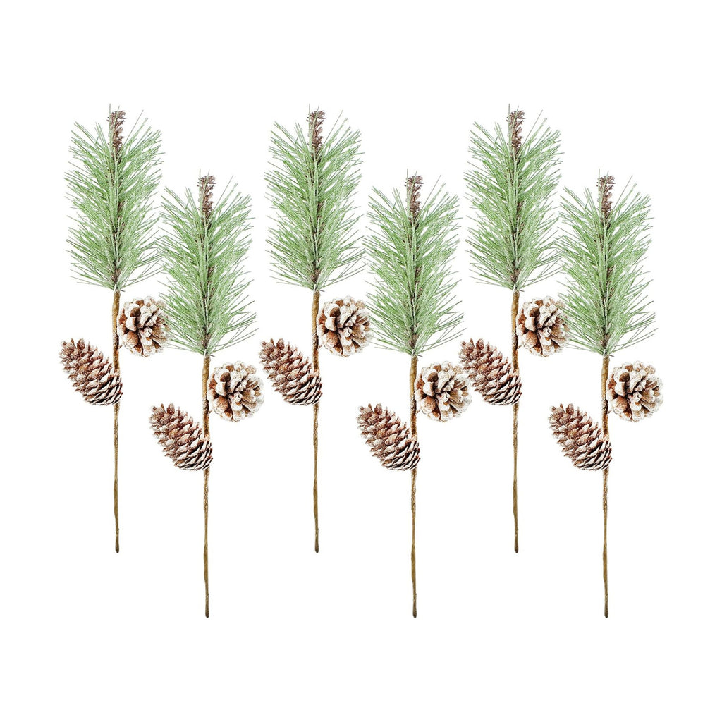 AuldHome Design Pine Cone Picks (6-Pack); Frosted Evergreen Christmas Decor Floral Stems for Wreaths, Vases and Holiday Arrangements
