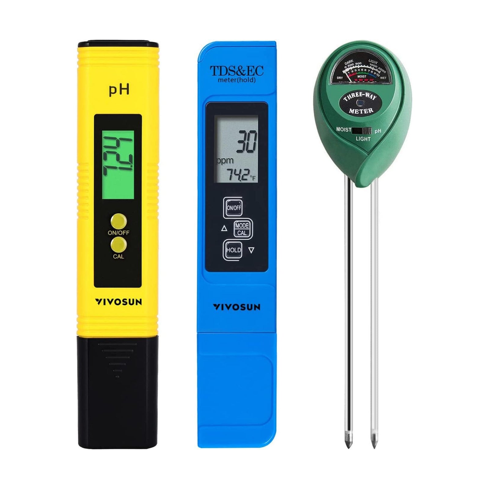 VIVOSUN Digital pH Meter, 3-in-1 TDS/EC/Temperature Meter, 3-in-1 Soil Moisture/pH/Light Tester Combo for Home, Garden