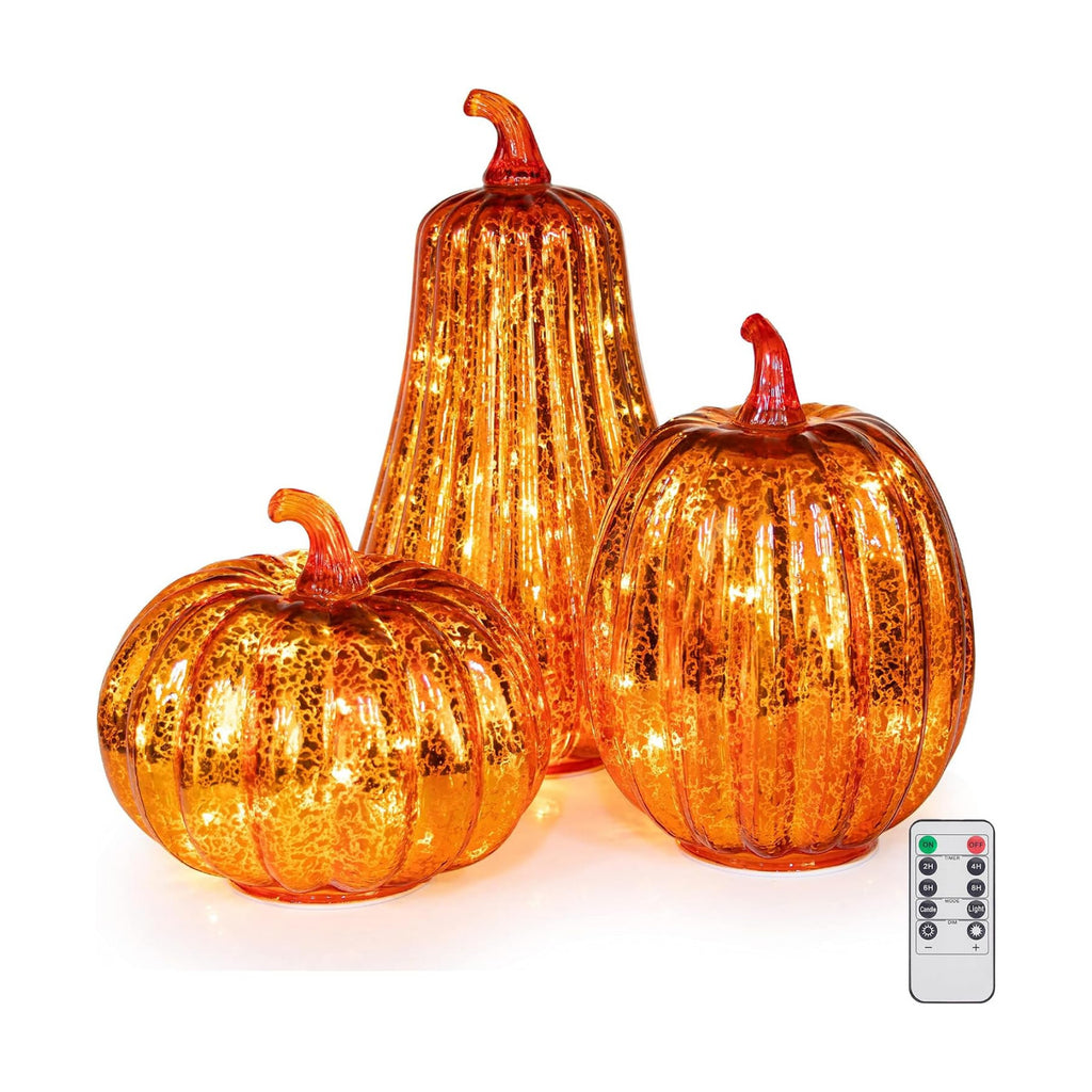 KI Store Glass Pumpkin with Lights and Timer Set of 3 10.8-Inch 8.5-Inch 6.5-Inch Lighted Mercury Glass Pumpkins for Fall Halloween Thanksgiving Decorations Battery Operated