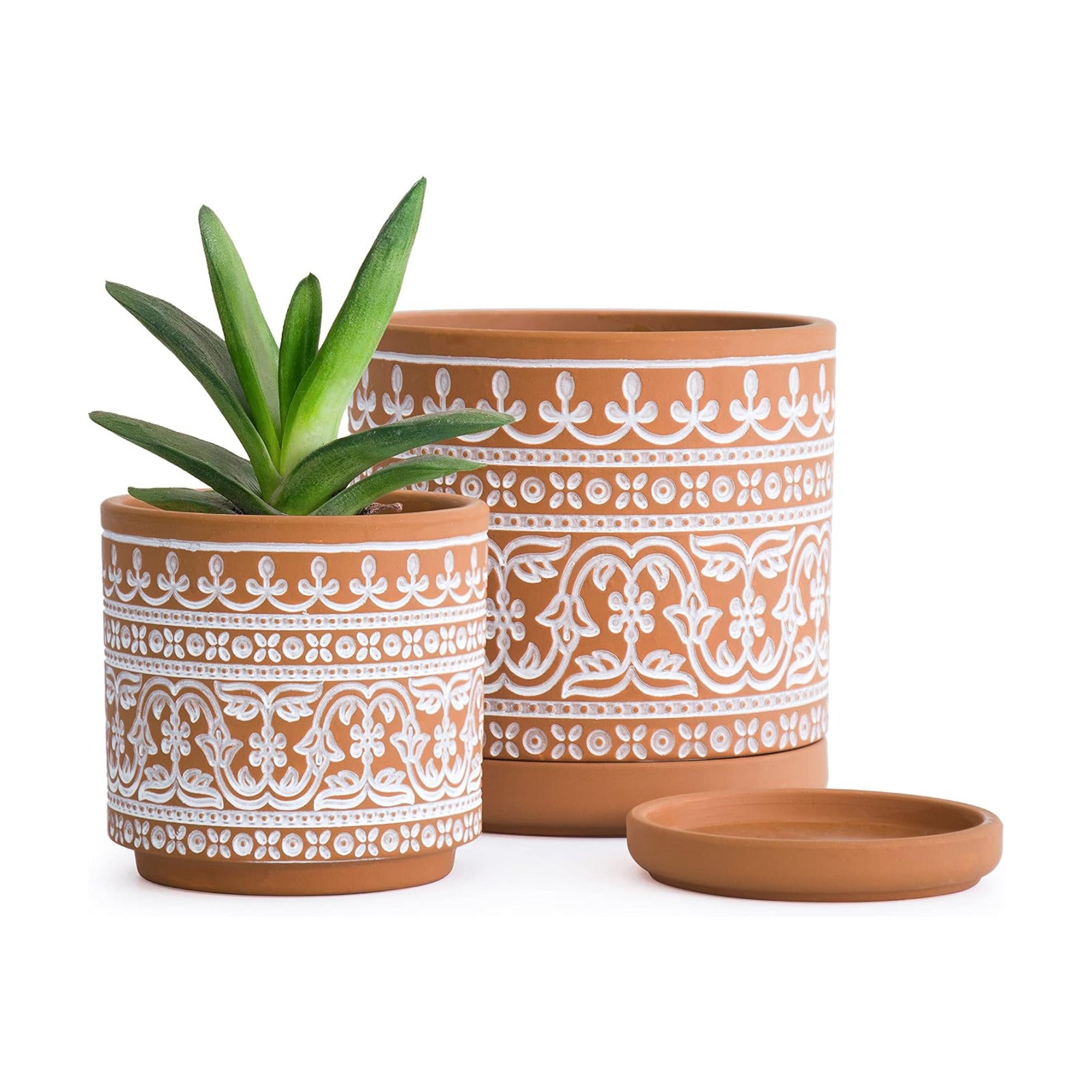 D'vine Dev 2-Pack Terracotta Pots, 4/6 in, Terra/White, 31-958-F-1 | Hand-Painted Pattern, Natural Clay Texture