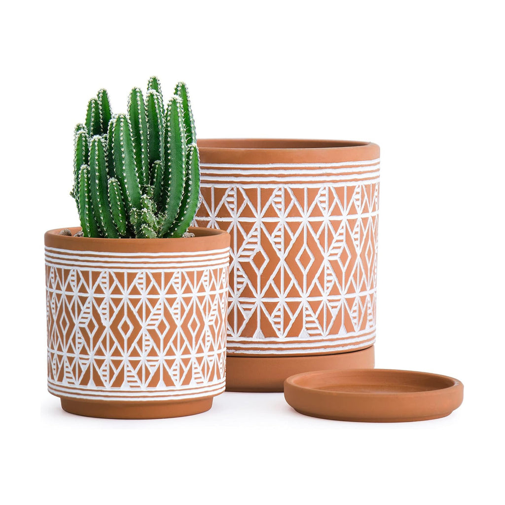 D'vine Dev 2-Pack Terracotta Pots, 4/6 in, Terra/White, 31-958-G-1 | Hand-Painted Pattern, Natural Clay Texture