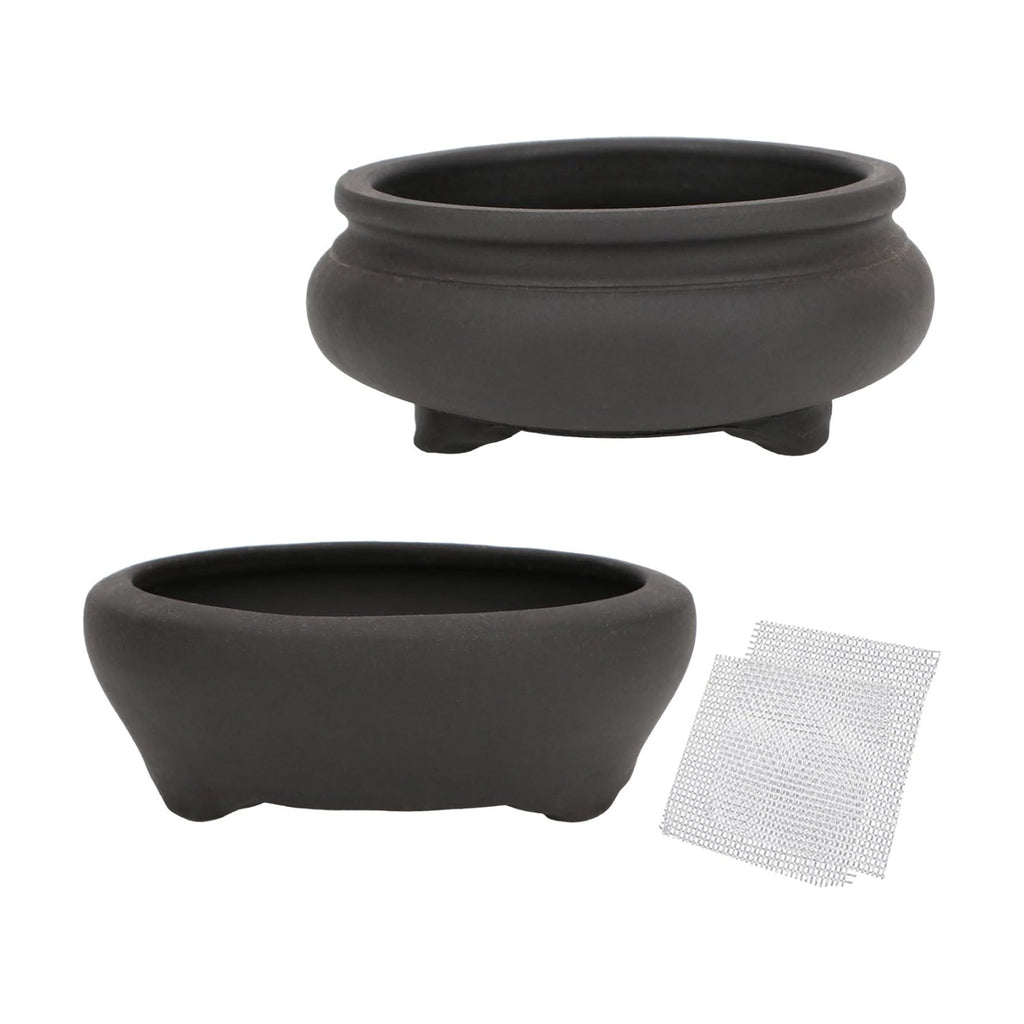Bonsai Planter 2 pc 3.7" + 3.9" Unglazed Round Ceramic Succulent Pots Set