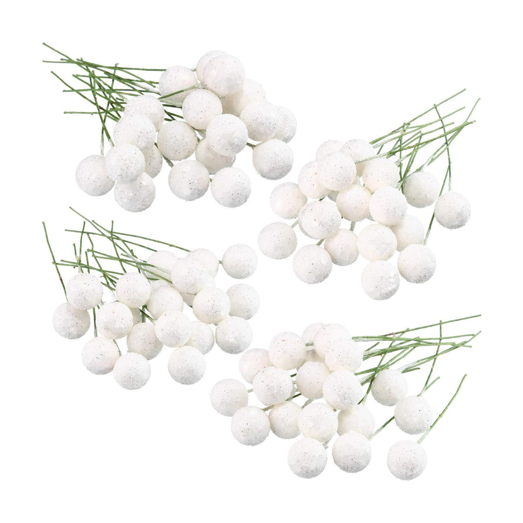 BBTO Artificial Holly Berries, 100 Pieces Mini 10 mm Fake Berries Decor on Wire for Christmas Tree Decorations Flower Wreath DIY Craft Use (Sequined White)