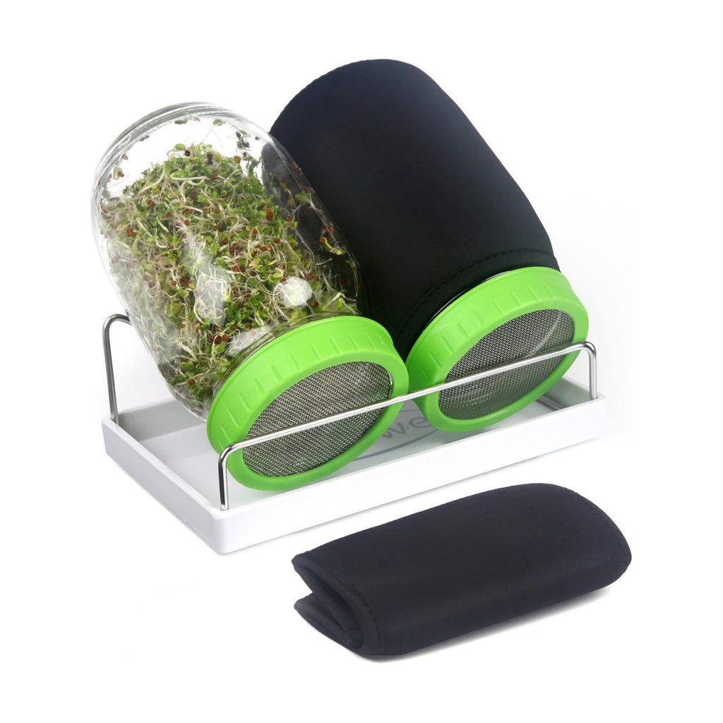 Seed Sprouting Jar Kit with Wide Mouth Mason Jars, Premium Stainless Steel Screen Sprout Lids, Blackout Sleeves, Tray