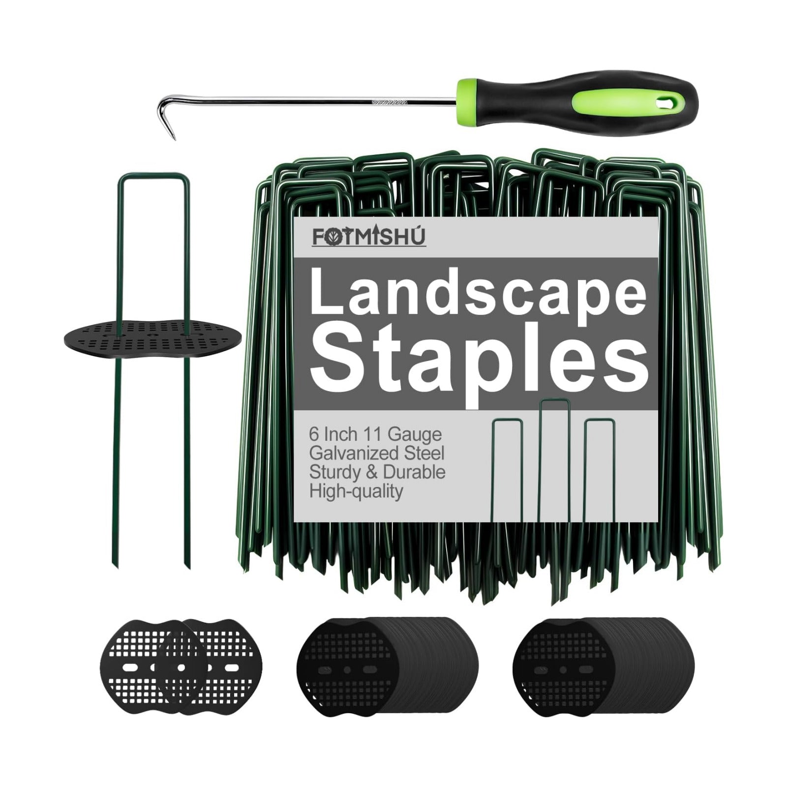 Landscape Staples 6Inch 100pcs Garden Stakes + 100pcs Gasket, Lawn Pins with Spray Coating Craft,11Gauge Anti-Rust