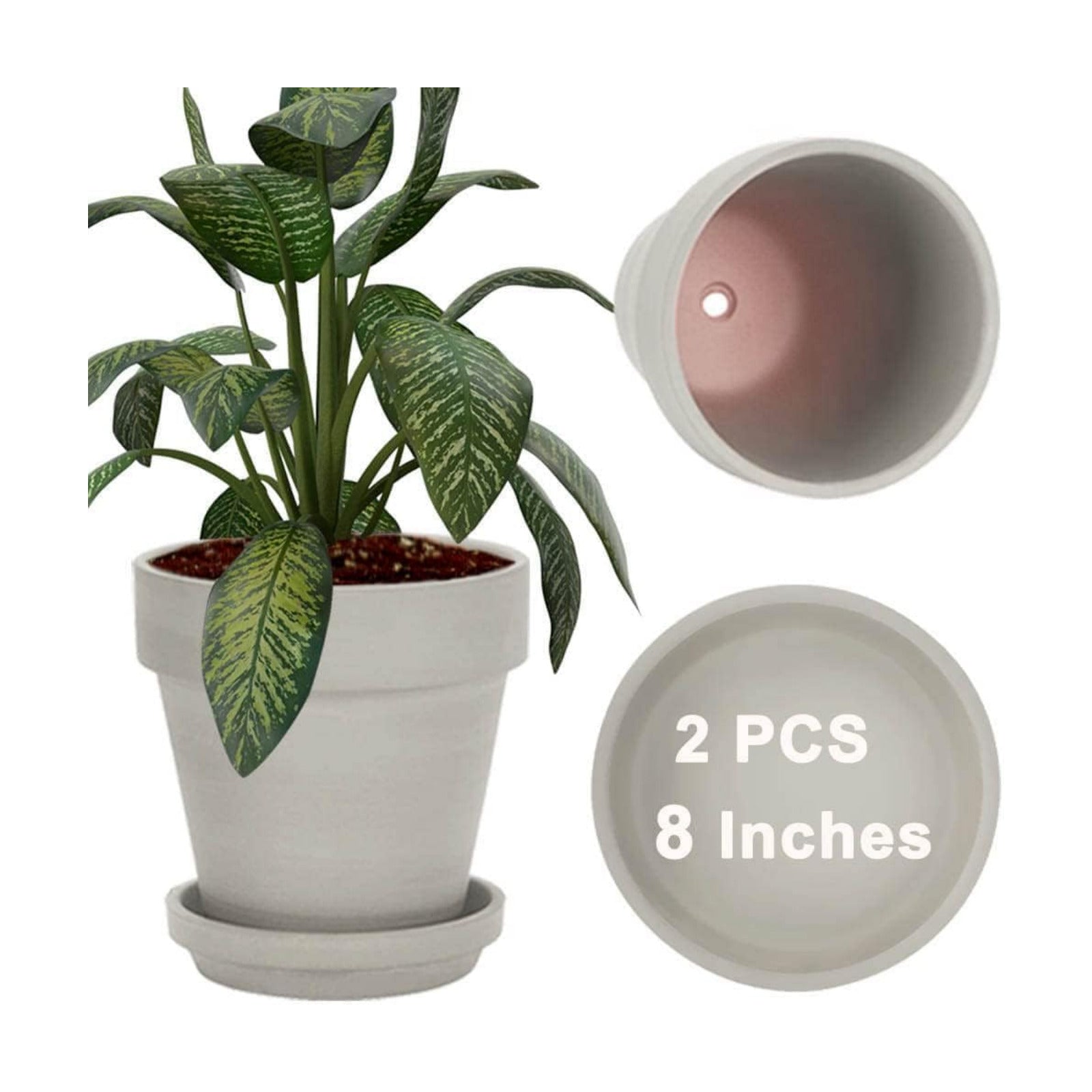 Gray 8 Inch Terracotta Pot for with Drainage - 2 Pack Large Terra Cotta Plant Pot with Saucers, Flower Clay Pot with