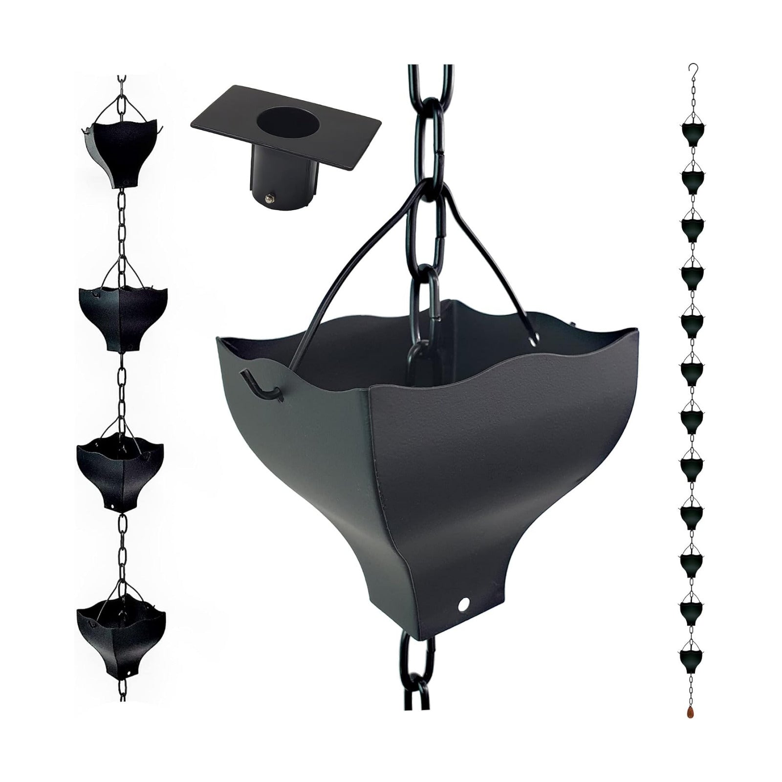 8.5FT Tulip Iron Rain Chain for Gutters and Rain Barrel, Black | Rain Chains for Downspout, Rust-Prevent Plated, Thick