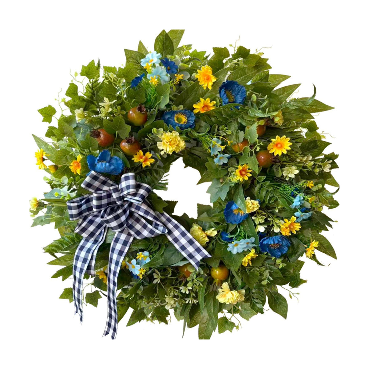 WANNA-CUL 24 Inch Blue Yellow Summer Wreath for Front Door All Season Decor