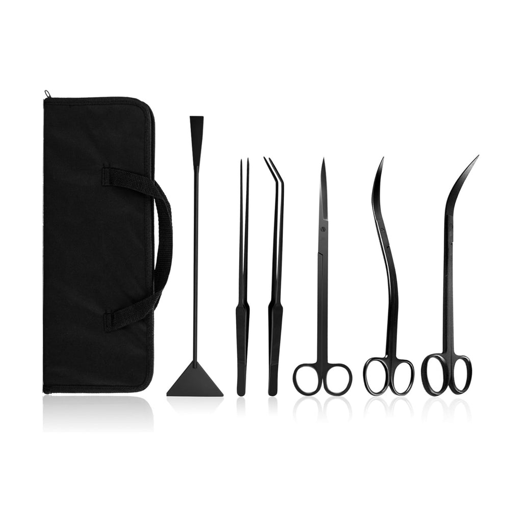 Aquascaping Tools 7 in 1 Kit Aquarium Plant Scissors Tools Set Curved & Waved Scissor Tweezers Spatula Stainless Steel