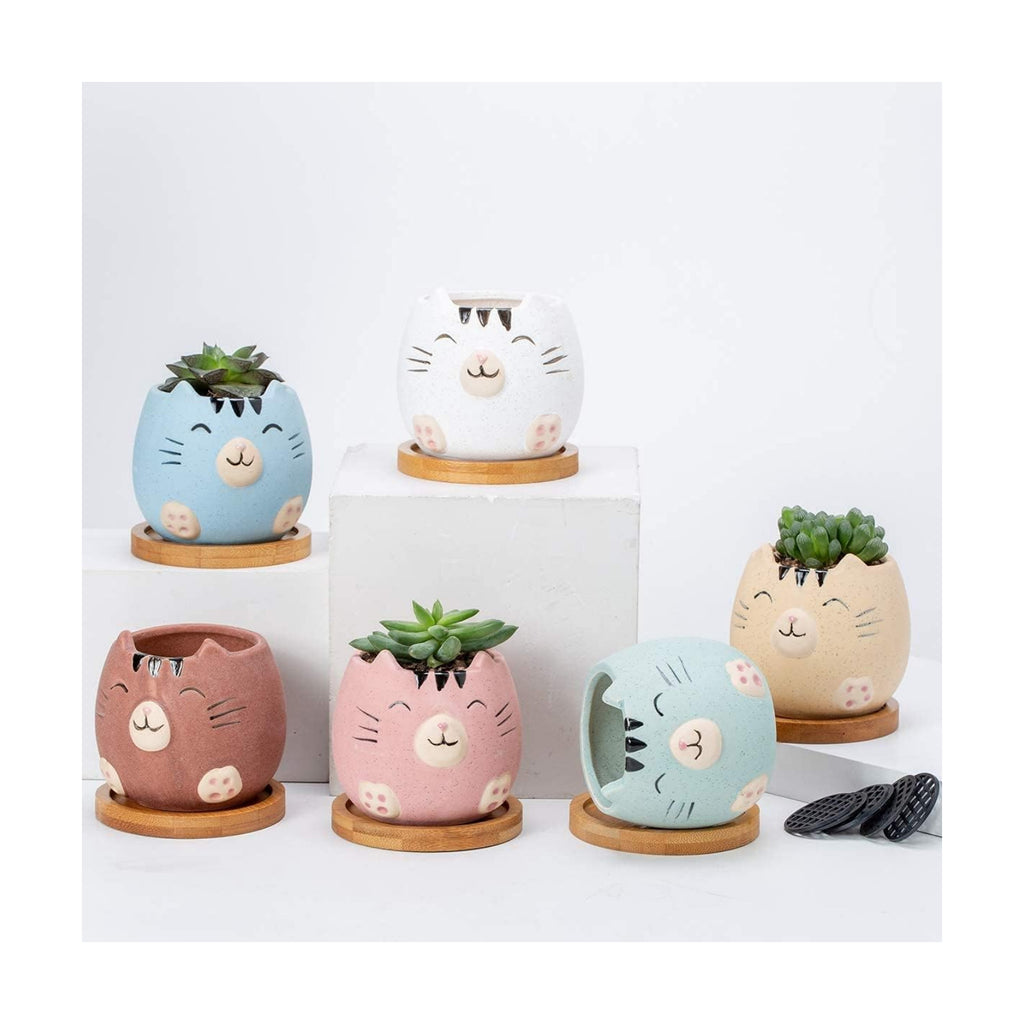 6Pack 3.4inch Small Ceramic Animal Planter Pots for Baby Succulent with Drainage and Bamboo Tray (Matte Cats)