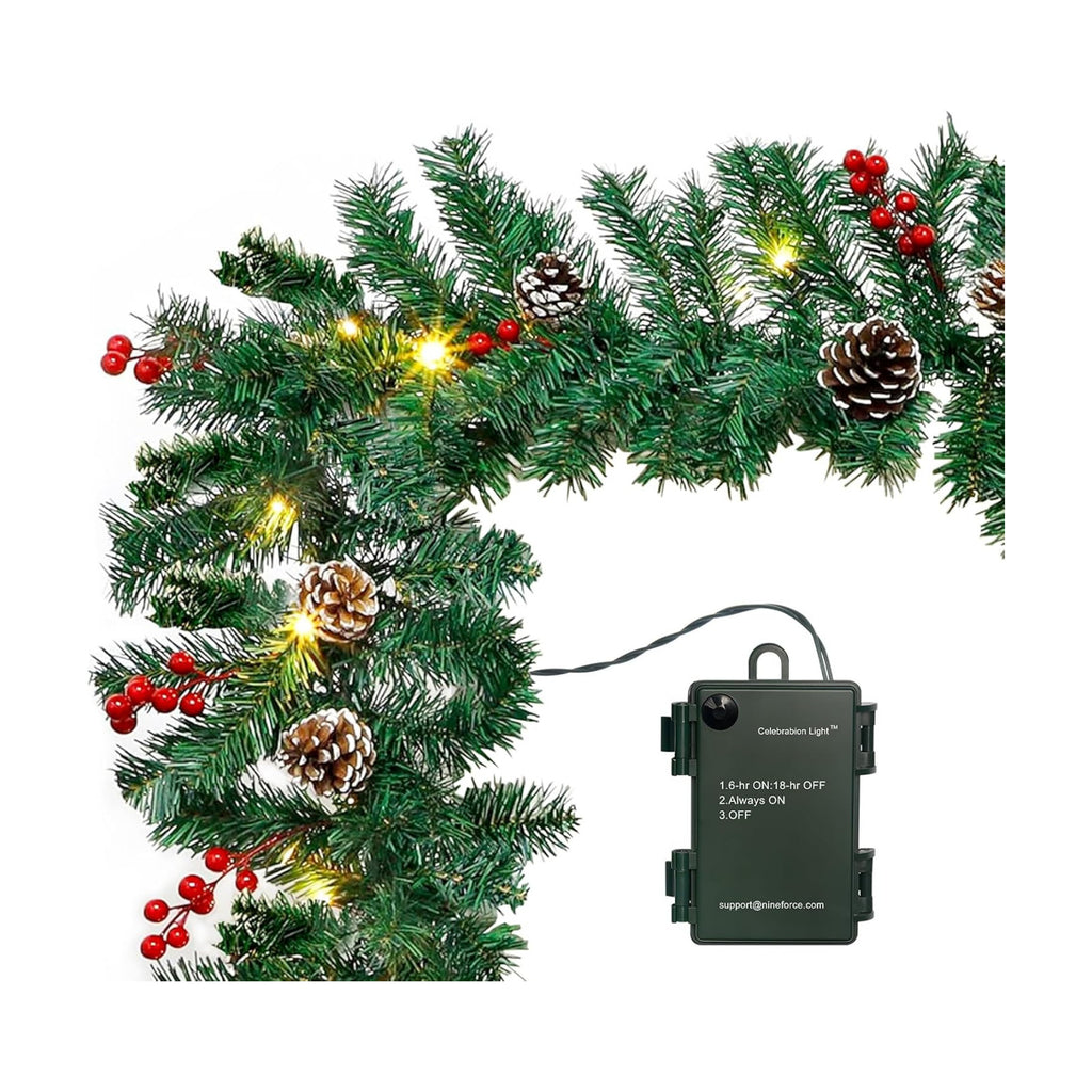 10Ft Christmas Garland with 50 LED Lights - 3 Pack Pre-lit Outdoor Xmas Garland with Timer - Pine Garland with Red Berries Snow Pine Cones - 10 Foot by 10 Inch