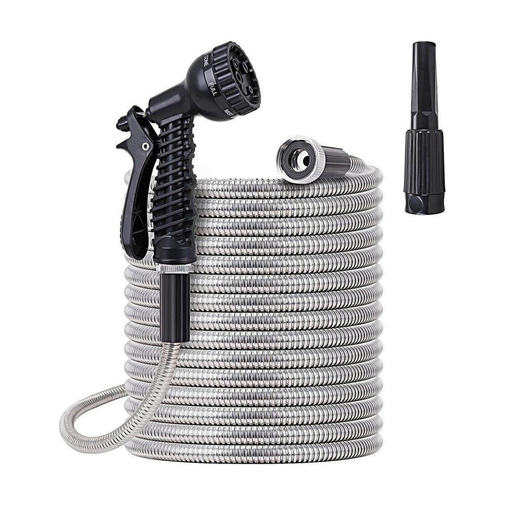 Stainless Steel Garden Hose 75 ft - Metal Water Hose with 2 Nozzles, Lightweight, Tangle Free & Kink Free, Heavy Duty