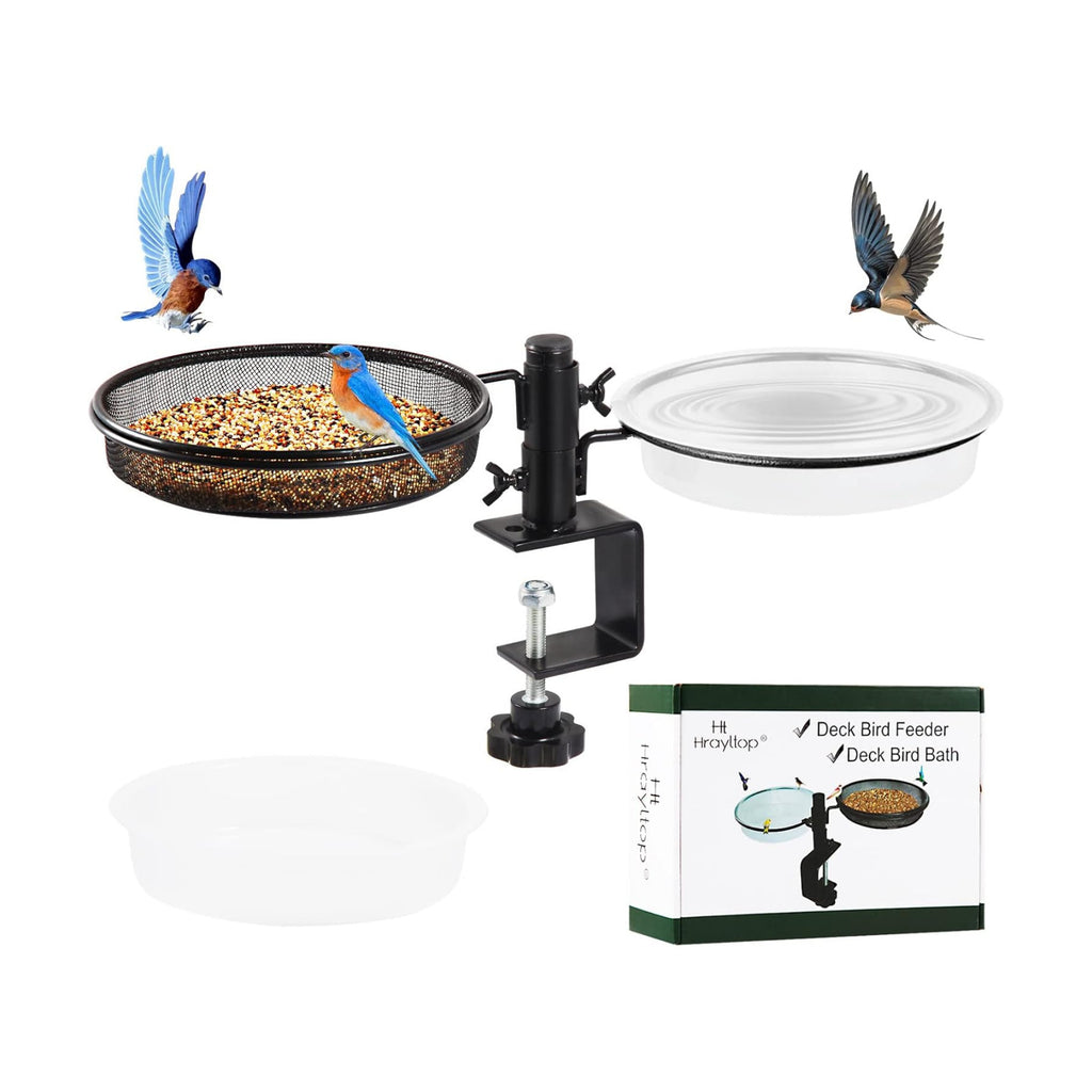 HRAYLTOP Deck Bird Feeders with Metal Mesh Tray and 2 Water Bowls - Detachable Adjustable Heavy Duty Clamp Bracket, Rail Bird Bath Balcony Porch Railing Feeder Perfect for Attracting Birds.