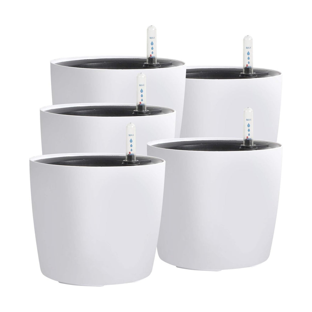 KINJOEK 5 Packs 7 Inch Self Watering Pot with Water Level Indicator, Modern Garden Decorative White Flower Pot