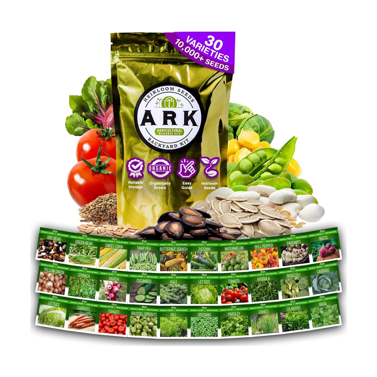 Ark Seed Kits-Organic 30 Heirloom Varieties, Over 10,000 Non-GMO Seeds Including Zucchini, Watermelon, Bell Pepper &