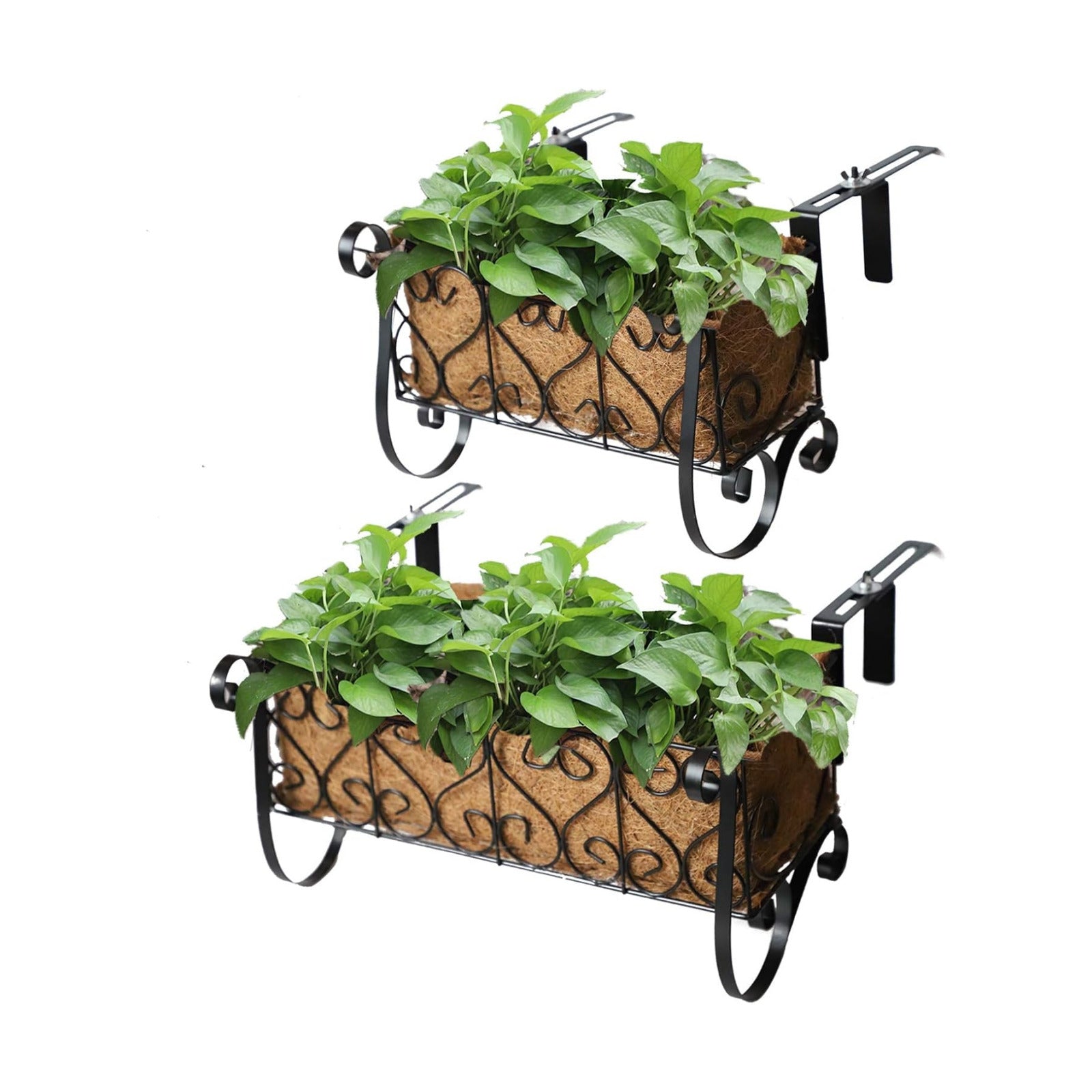 MorTime Iron Hanging Flower Rack Basket Shelf with Hooks, Railing Flower Pots Holder Black Metal Decorative Railing