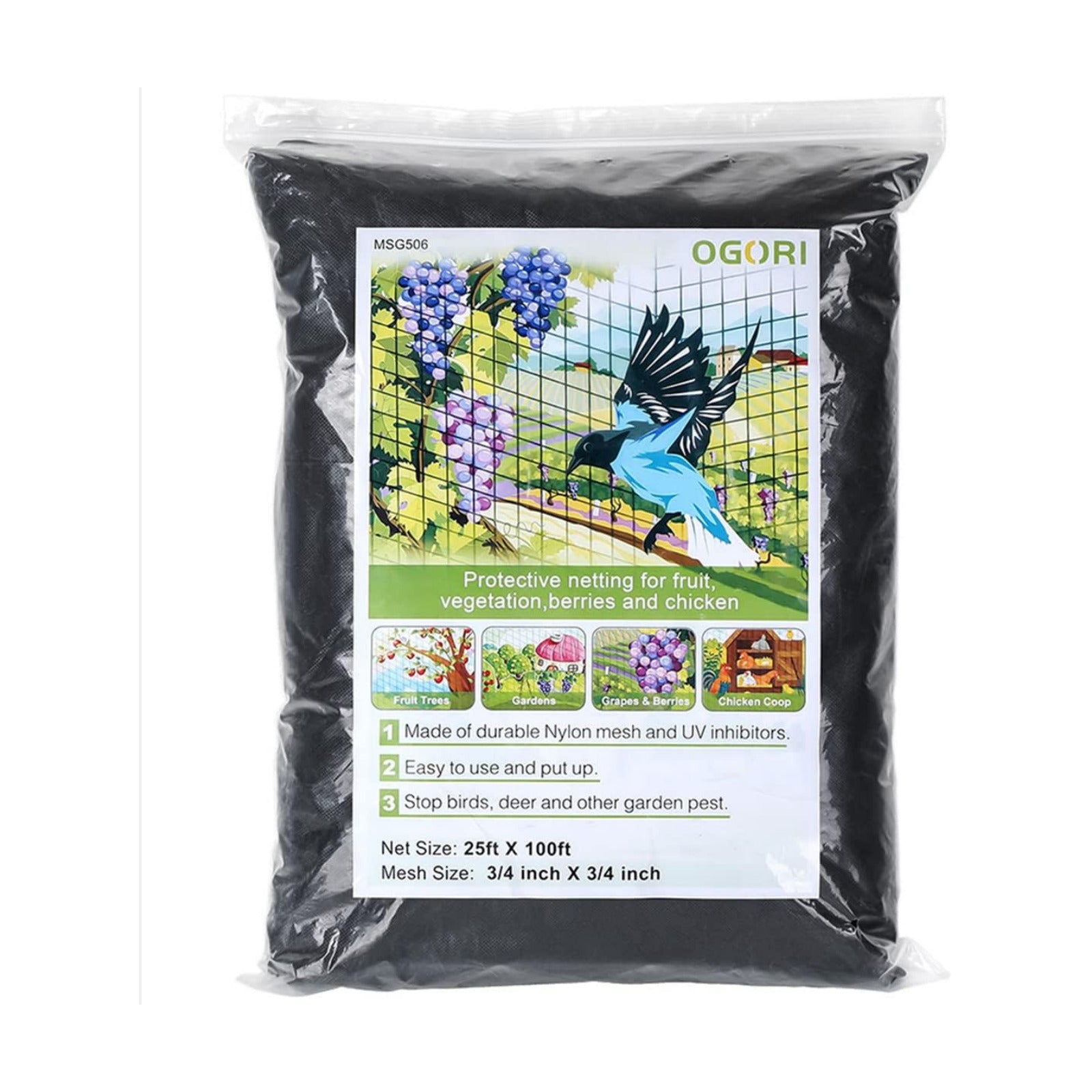OGORI 25' x 100' Bird Netting Heavy Duty Nylon 3/4" Mesh Garden Netting Protect Fruit Trees, Plants and Vegetables