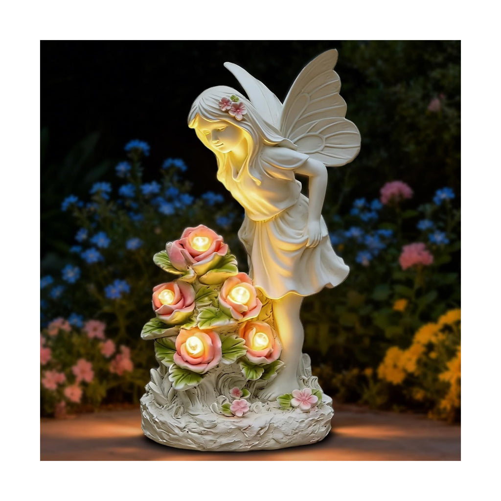 Voveexy Garden Figurines Angel Garden Statue Outdoor Decor, Solar Powered Resin Sculpture with 5 LEDs Art Decoration