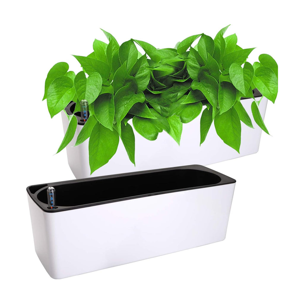 Fasmov 2 Pack Rectangle Self Watering Planter with Water Level Indicator, 16x 5.5 Inch Window Gardening Box, Decorative