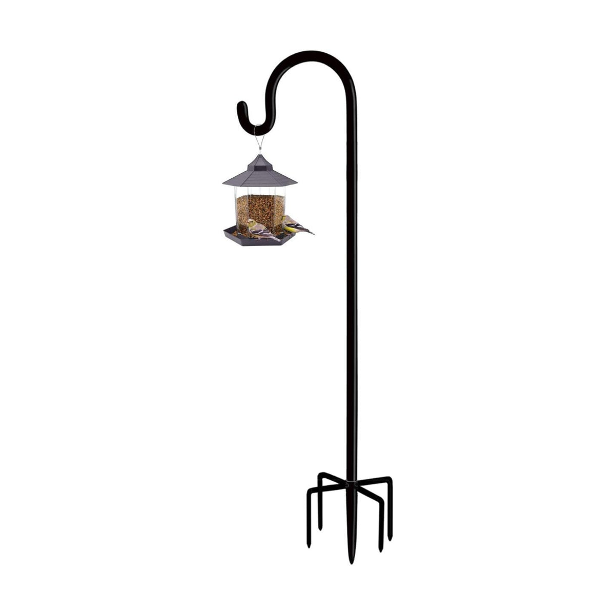 Adjustable Outdoor Shepherd Hook Stand with 5 Prong Base, 108 Inches Tall 3/5 in Thick, Shiny Black (1 Packs)