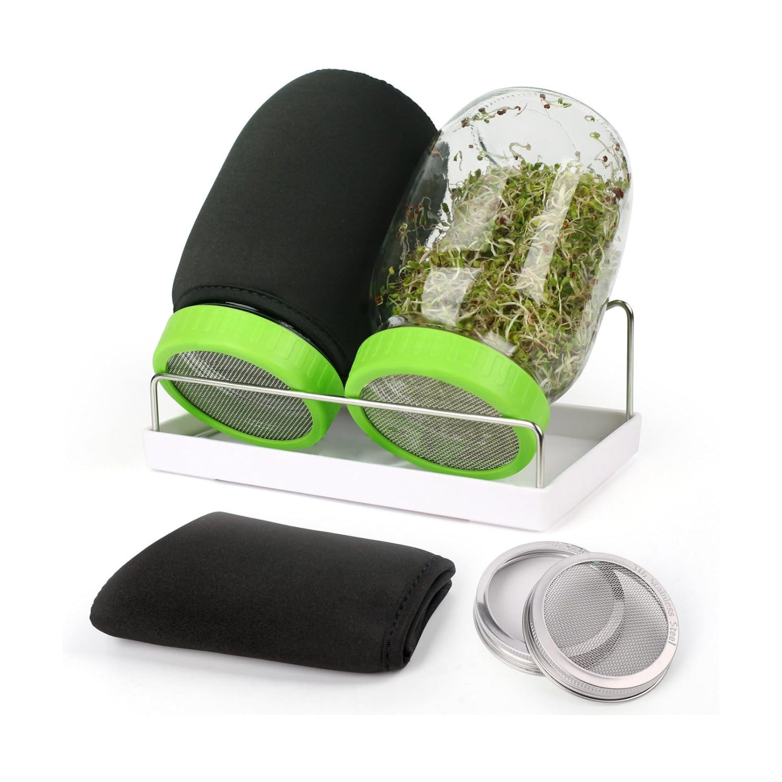 Sprouting Jar Kit| Wide Mouth Mason Jars,Plastic & 316 Stainless Steel Sprout Lids,Tray,Stand| Sprouter Set for Growing