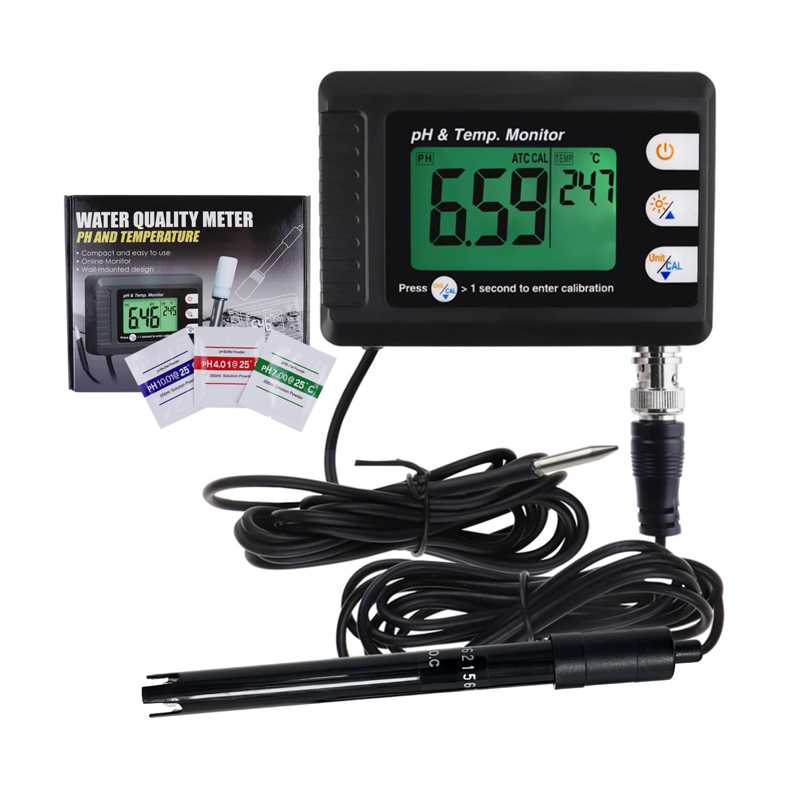 2 in1 pH Temperature Meter, Aquarium Thermometer pH Monitor with BNC Probe | Hydroponics, Aquariums, Pools, Labs