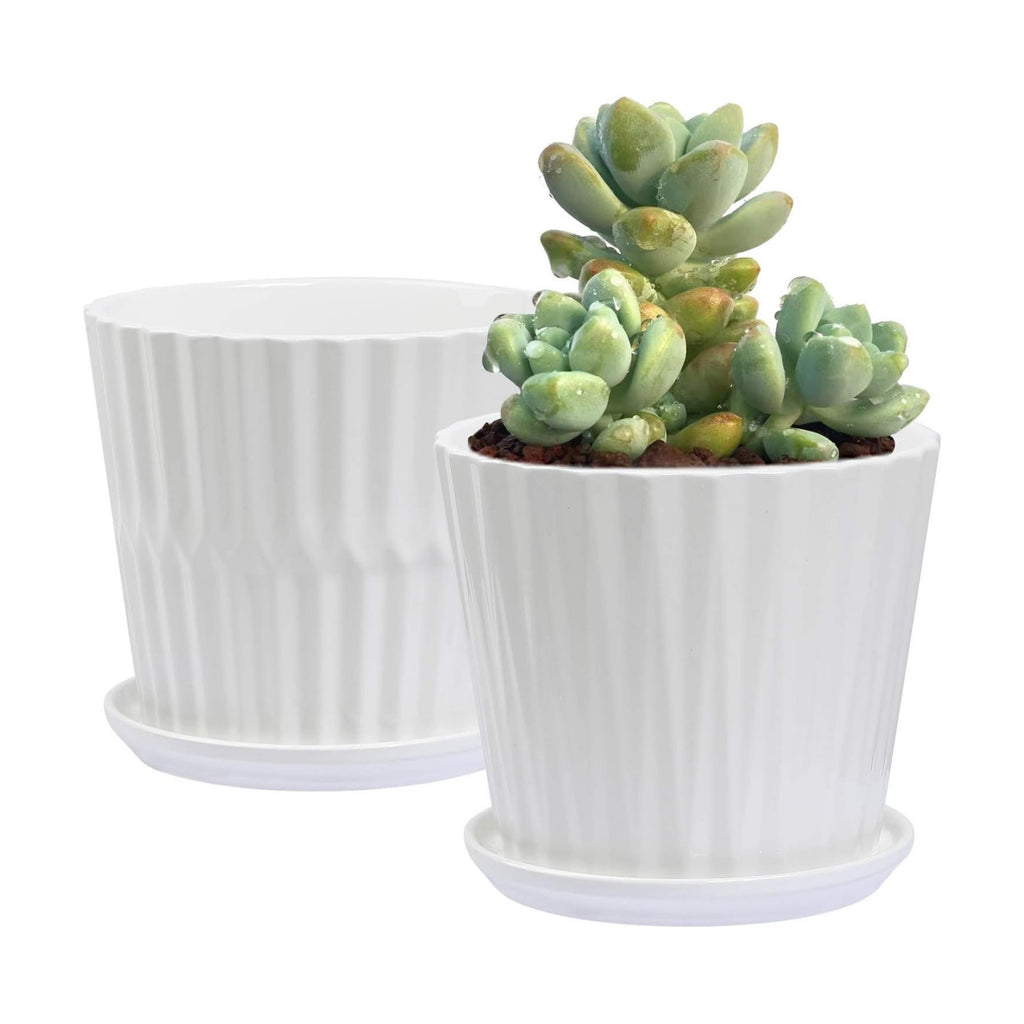 sietpoek 6.7” Ceramic Plant Pots with Drainage and Saucer 2PCs White | White Ceramic Flower Pots with Drainage Hole and