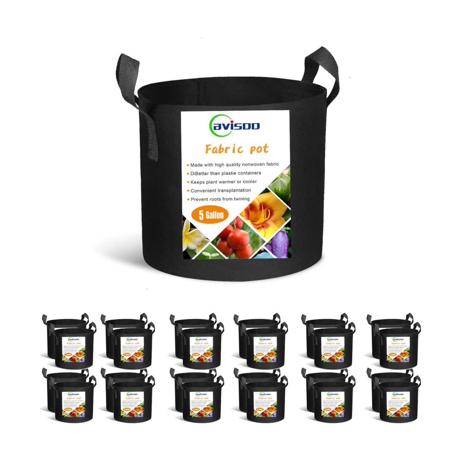 Cavisoo 24-Pack 5 Gallon Grow Bags, Heavy Duty Thickened Non-Woven Plant Fabric Pots with Reinforced Handles