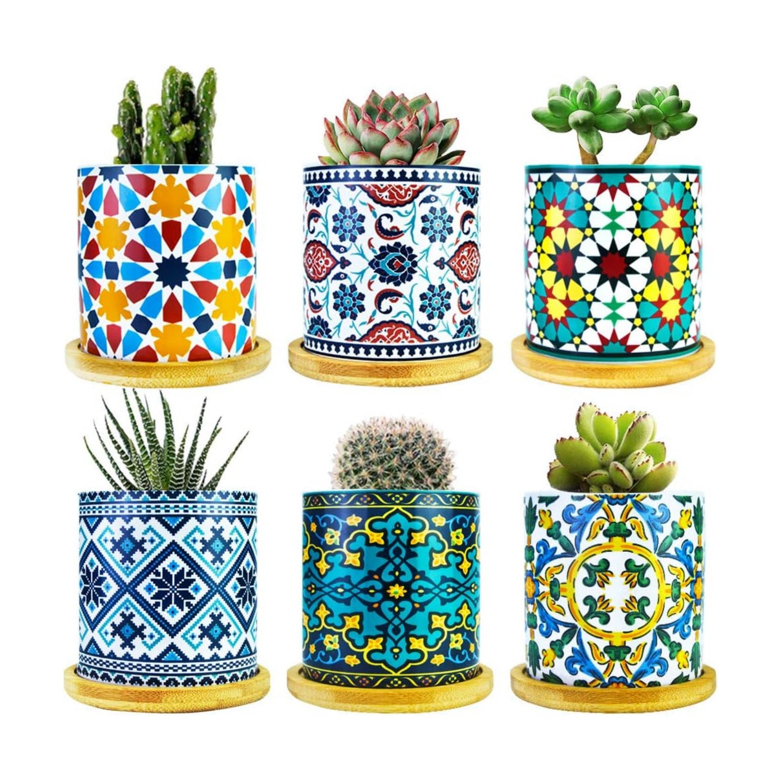 6 Pack Mandala Succulent Plant Pot with Bamboo Trays, Ceramic Multicolored Succulent Container Planter Pot for Small