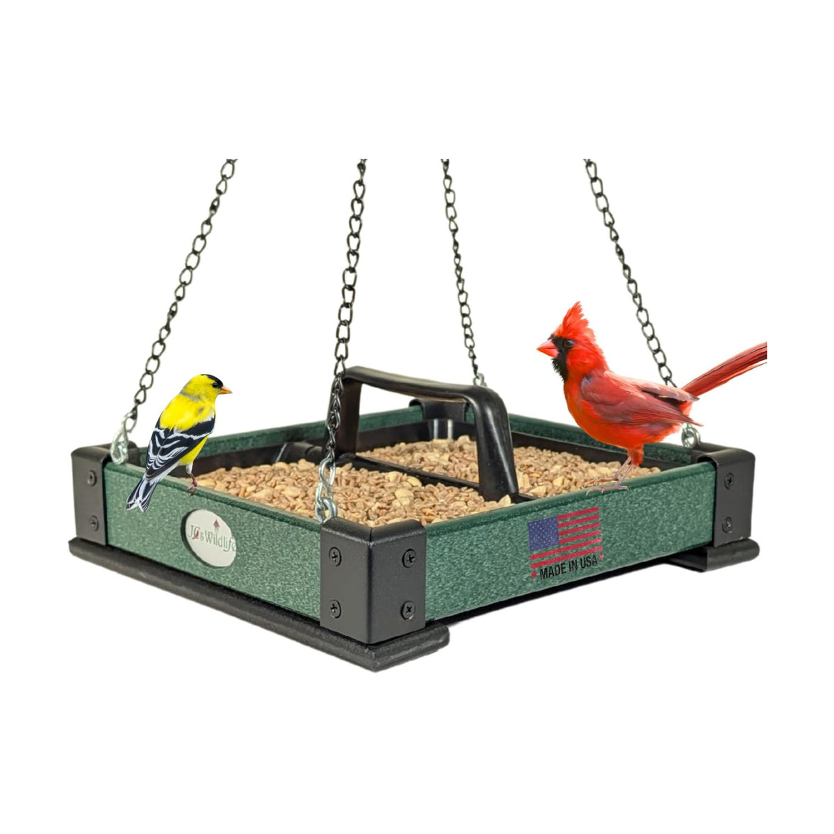 JCs Wildlife Poly Lumber Hanging Tray Platform Bird Feeder with Removable Seed Tray - Backyard Open Platform Cardinal Feeder (Green, Medium)