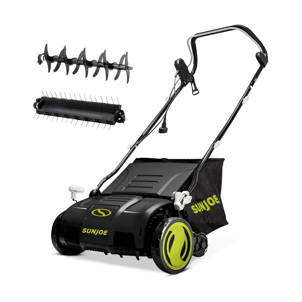 Sun Joe 15-Inch Lawn Dethatcher with Scarifier Blade Reel, AJ805E | and Collection Bag - 13-Amp Corded Yard Power Rake