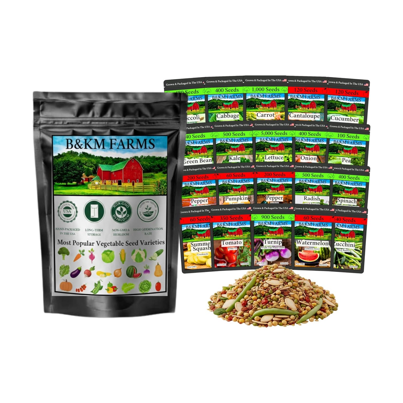 B&KM Farms Vegetable & Herb Seed Vault, 20 Variety Seed Packets, 10,000+ Heirloom Non-GMO Seeds, Water Resistant