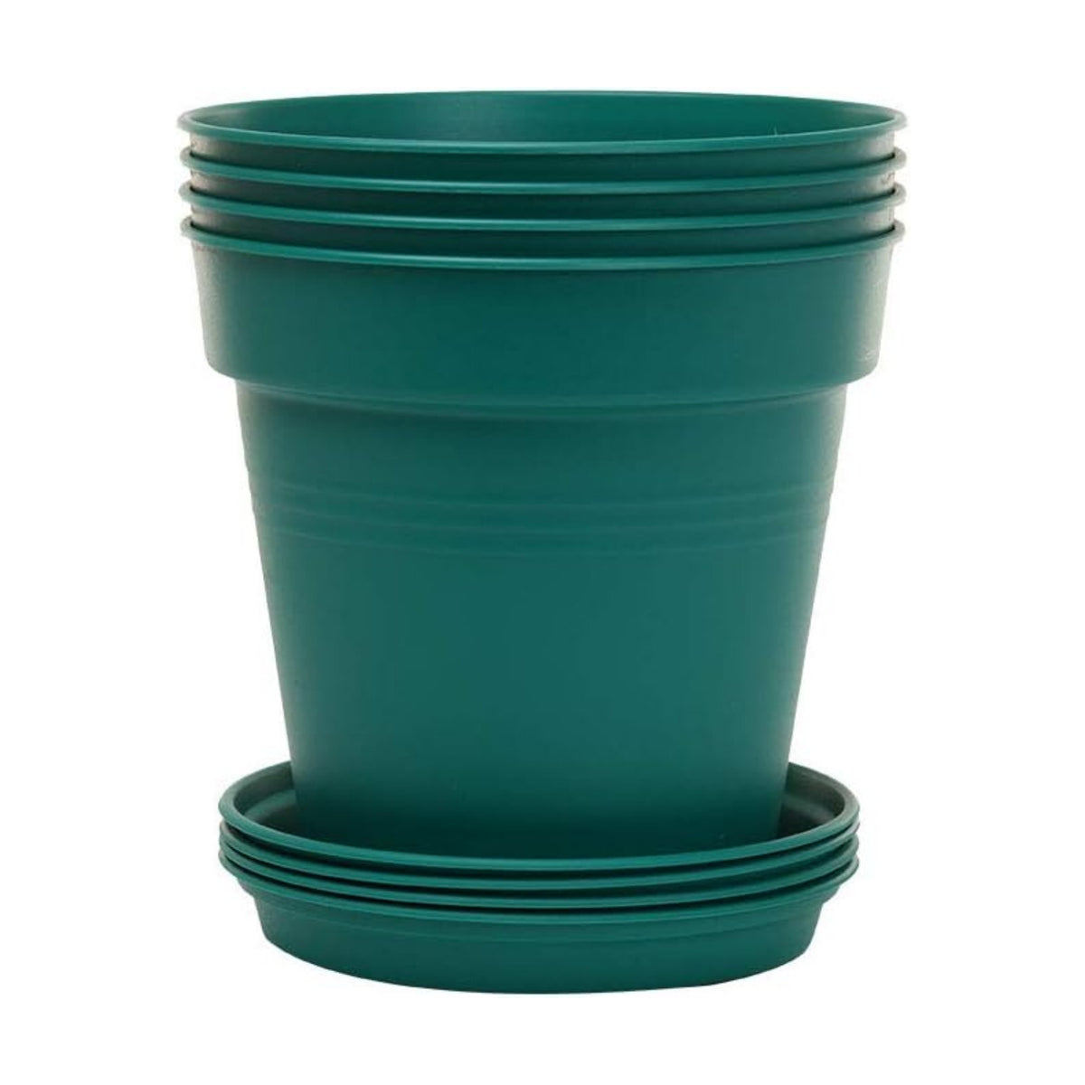 Mintra Garden Pots, 4 Pack Bulk Plastic Plant Pots with Drainage Tray, Round Indoor & Outdoor Decorative Planters with Drain Holes for Flowers, Herbs & Plants, 15cm Diameter – Forest Green, 5.9 in